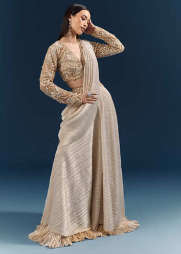 Gold Ready Pleated Saree With Aari Work