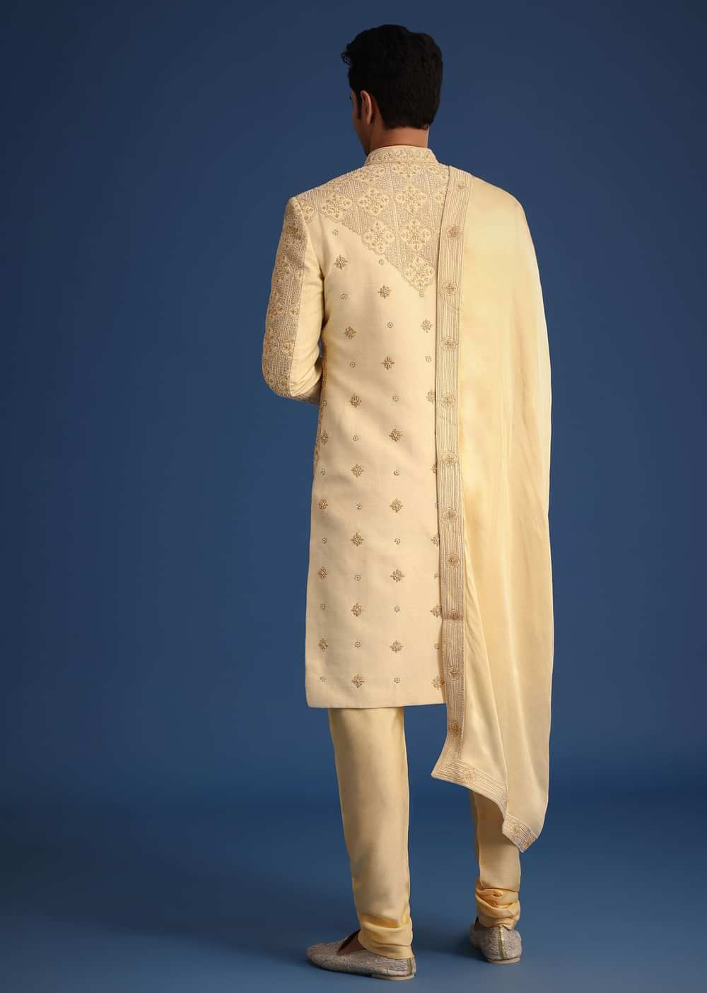 Gold Silk Embroidered Sherwani Set With Dupatta