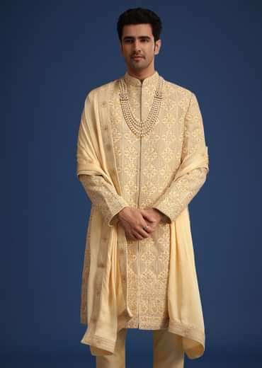 Gold Silk Embroidered Sherwani Set With Dupatta