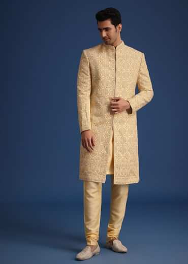 Gold Silk Embroidered Sherwani Set With Dupatta