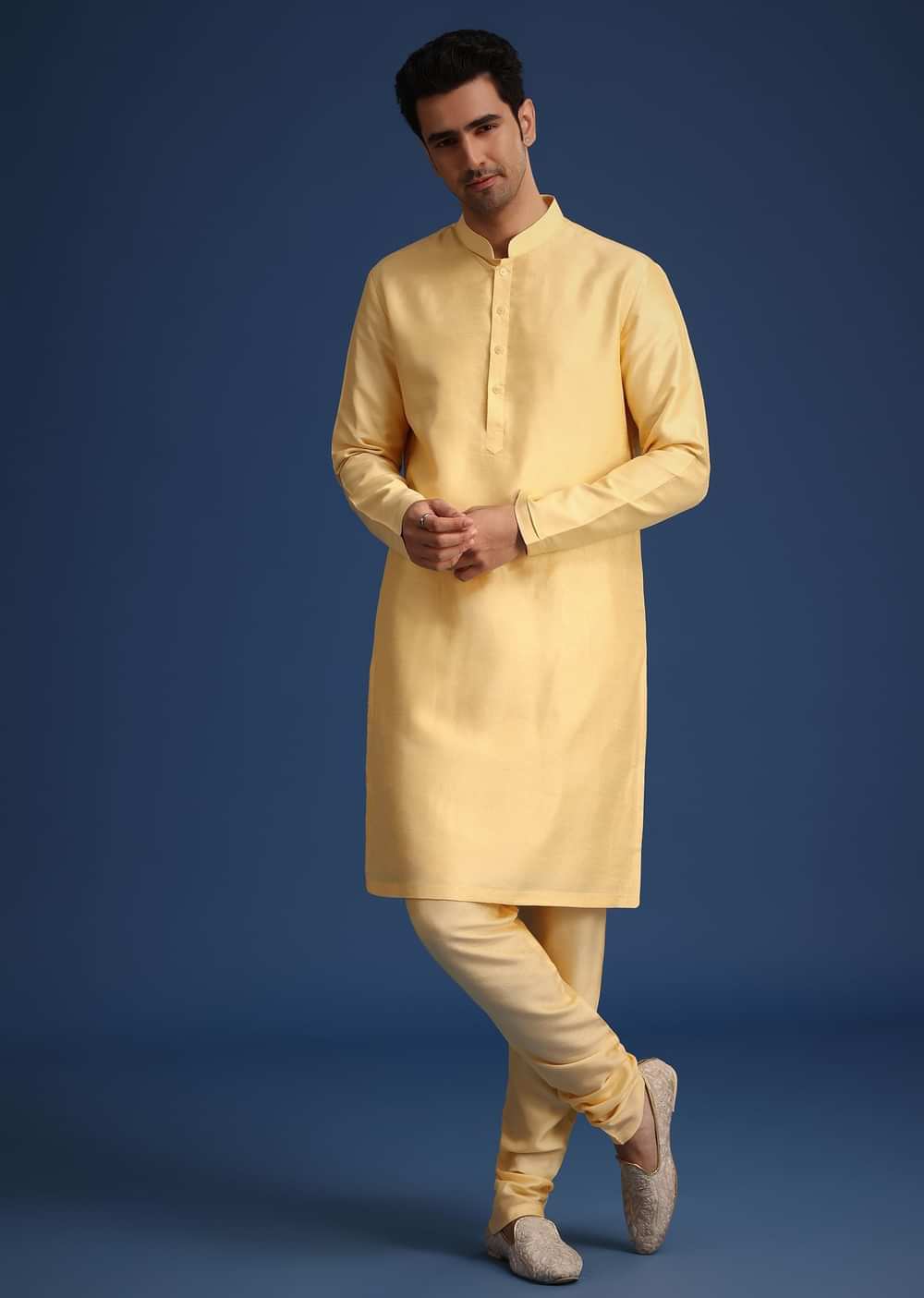 Gold Silk Embroidered Sherwani Set With Dupatta