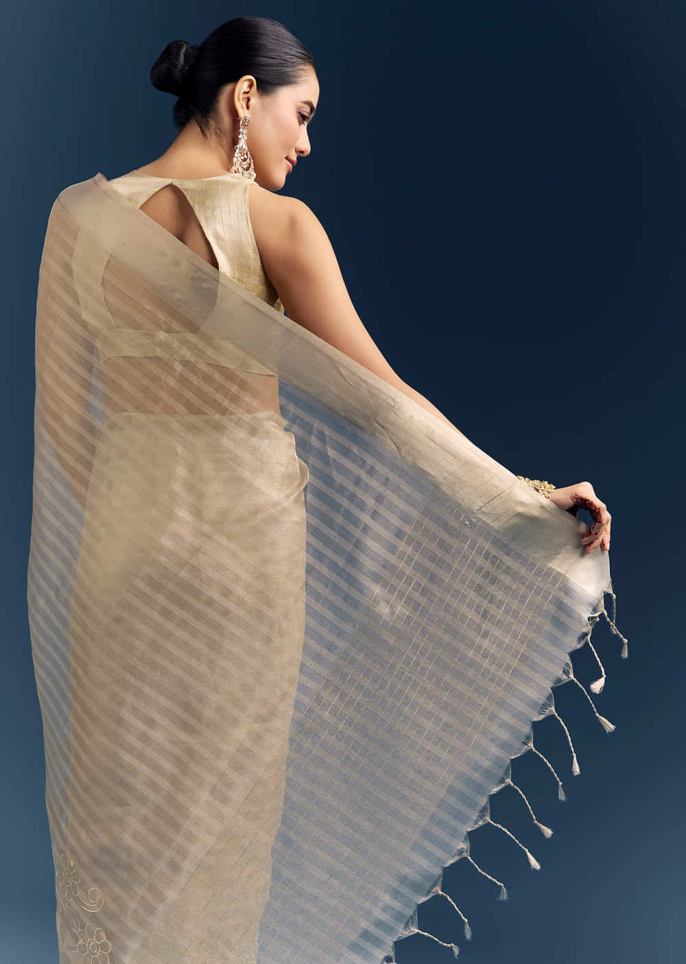 Gold Tissue Organza Saree With Zari And Resham Embroidery