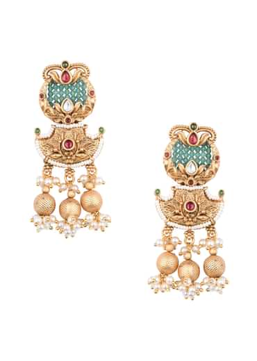 Gold Tone Temple Long Necklace Set With Meenakari And Pearls