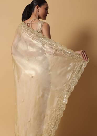 Gold Toned Foil Saree Fabricated In Tissue With Cut Dana Embellished Borders