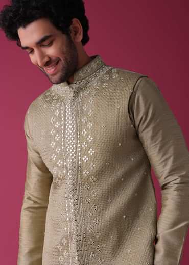 Gold Toned Jacket Kurta Set In Silk With Mirror Work
