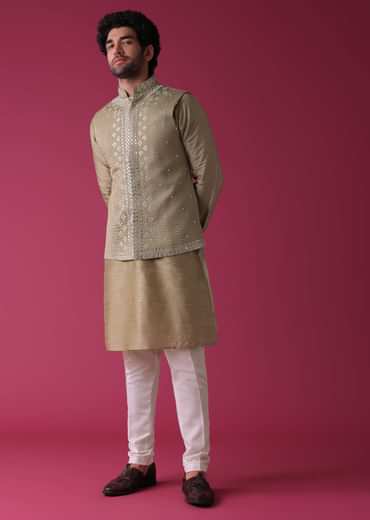 Gold Toned Jacket Kurta Set In Silk With Mirror Work