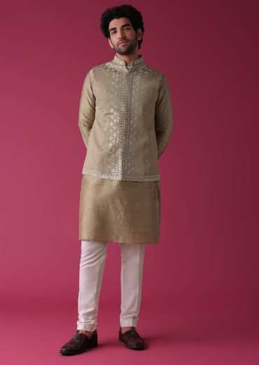 Gold Toned Jacket Kurta Set In Silk With Mirror Work