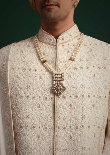 Gold Zari Embroidered Sherwani With Anarkali Kurta And Dupatta