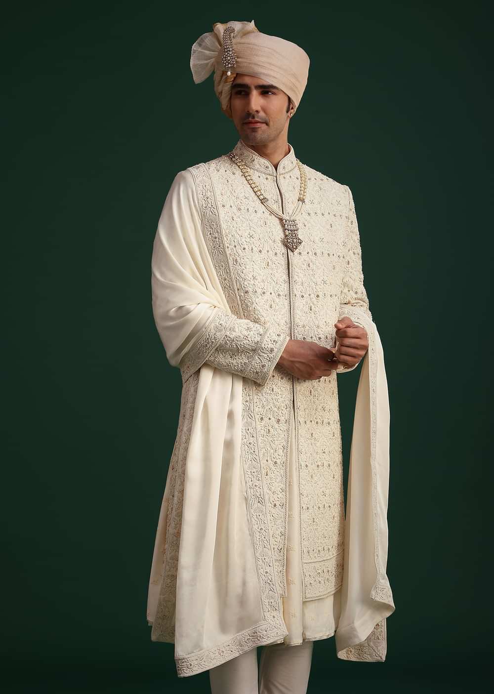 Gold Zari Embroidered Sherwani With Anarkali Kurta And Dupatta