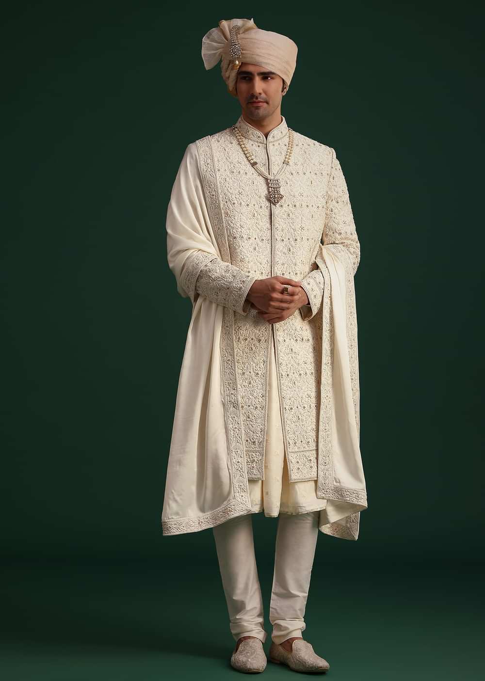 Gold Zari Embroidered Sherwani With Anarkali Kurta And Dupatta