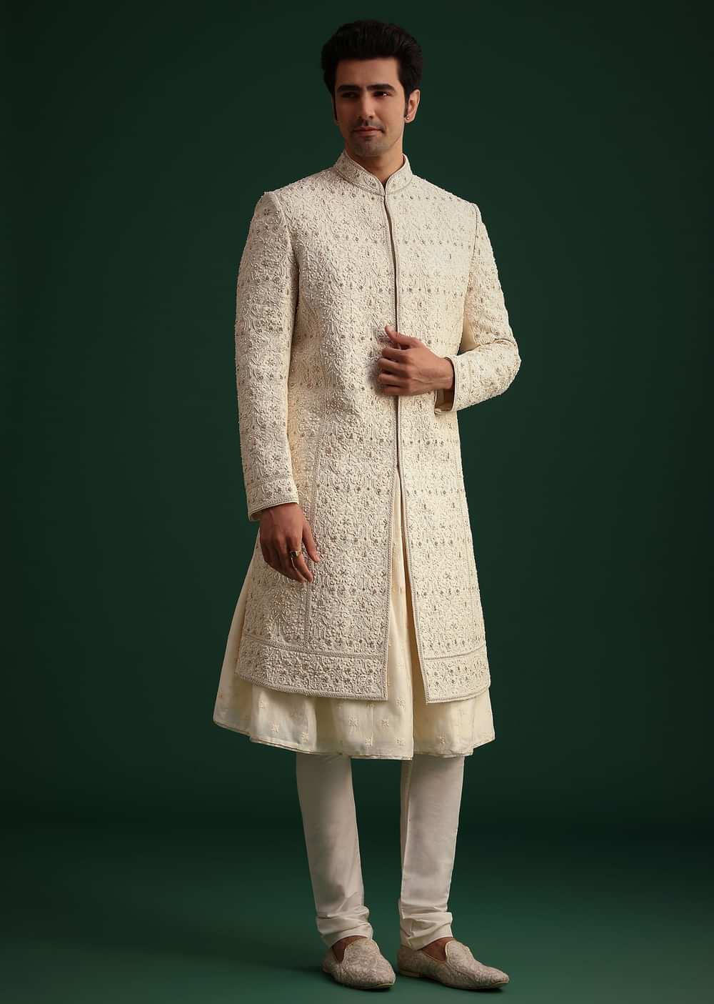 Gold Zari Embroidered Sherwani With Anarkali Kurta And Dupatta