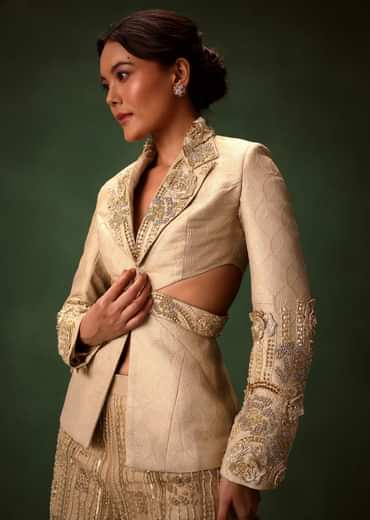 Golden Brocade Palazzo Suit With Frills