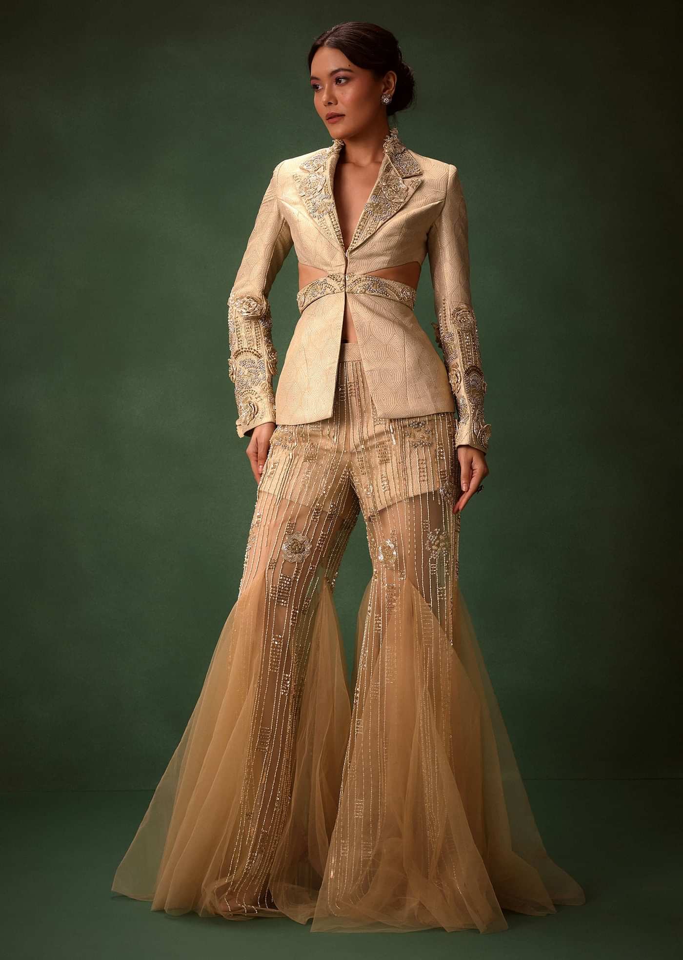 Golden Brocade Palazzo Suit With Frills