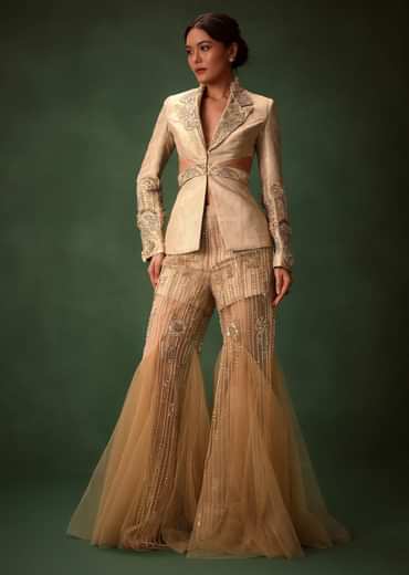 Golden Brocade Palazzo Suit With Frills