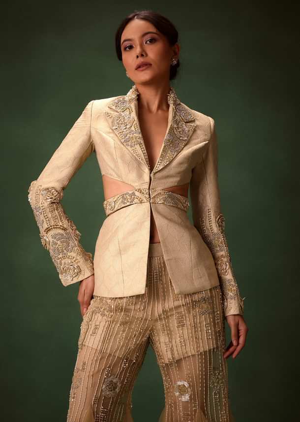 Golden Brocade Palazzo Suit With Frills