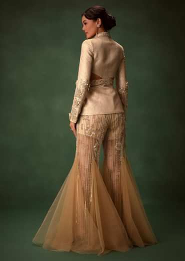 Golden Brocade Palazzo Suit With Frills