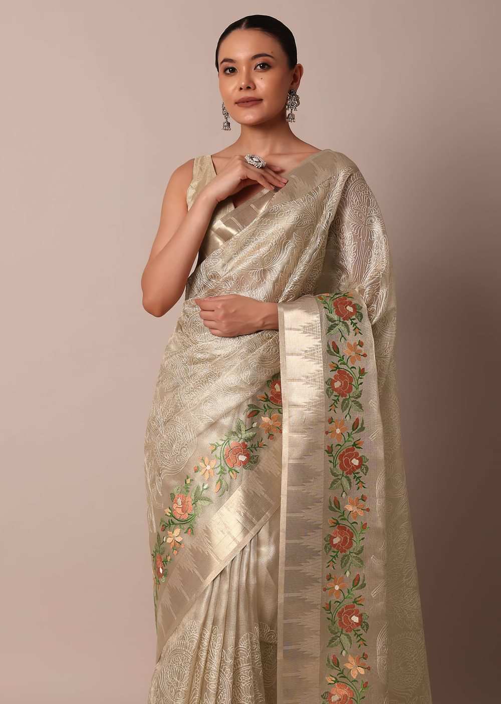 Golden Silk Saree With Exquisite Resham Thread Butti Work
