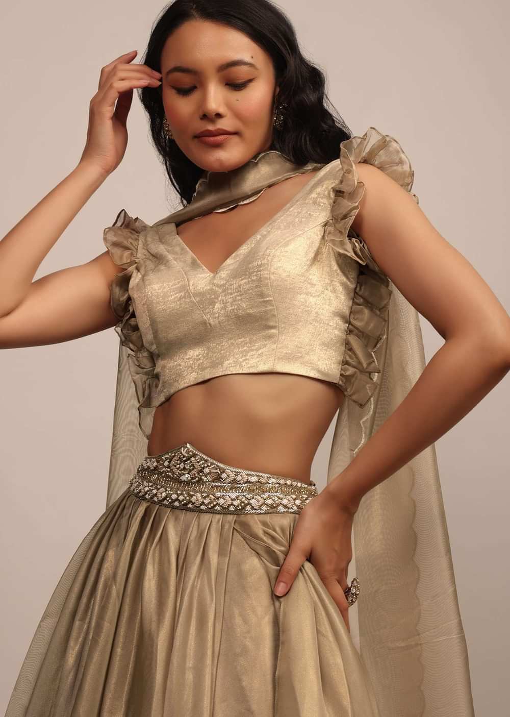 Golden Sleeveless Blouse In Satin Glam Gold With Ruffle Sleeve Frill