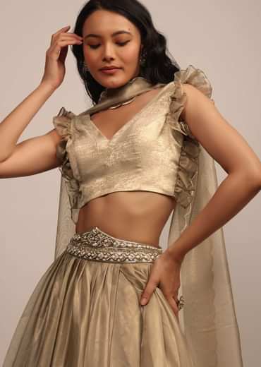 Golden Sleeveless Blouse In Satin Glam Gold With Ruffle Sleeve Frill