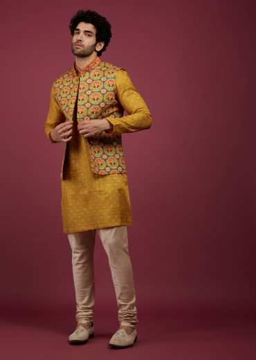 Amber Yellow Silk Patola Printed Bandi With Kurta Set