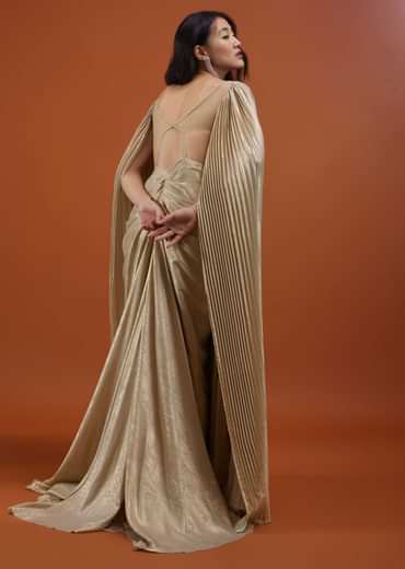 Mocha Brown Gown With A Pre-Pleated Dhoti Skirt And Royal Cape Sleeves - NOOR 2022