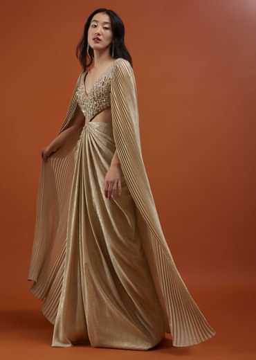 Mocha Brown Gown With A Pre-Pleated Dhoti Skirt And Royal Cape Sleeves - NOOR 2022