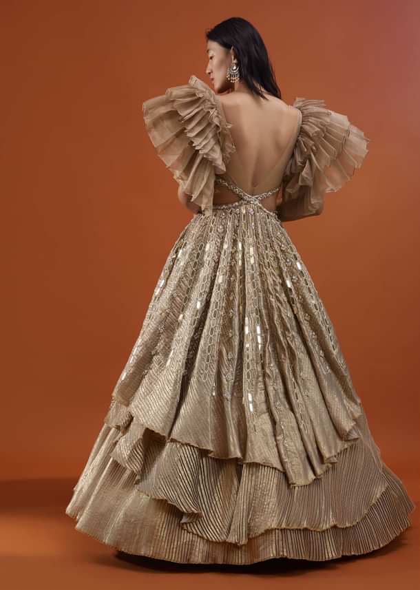 Gold Toned Embroidery Gown With Ruffle Sleeves - NOOR 2022