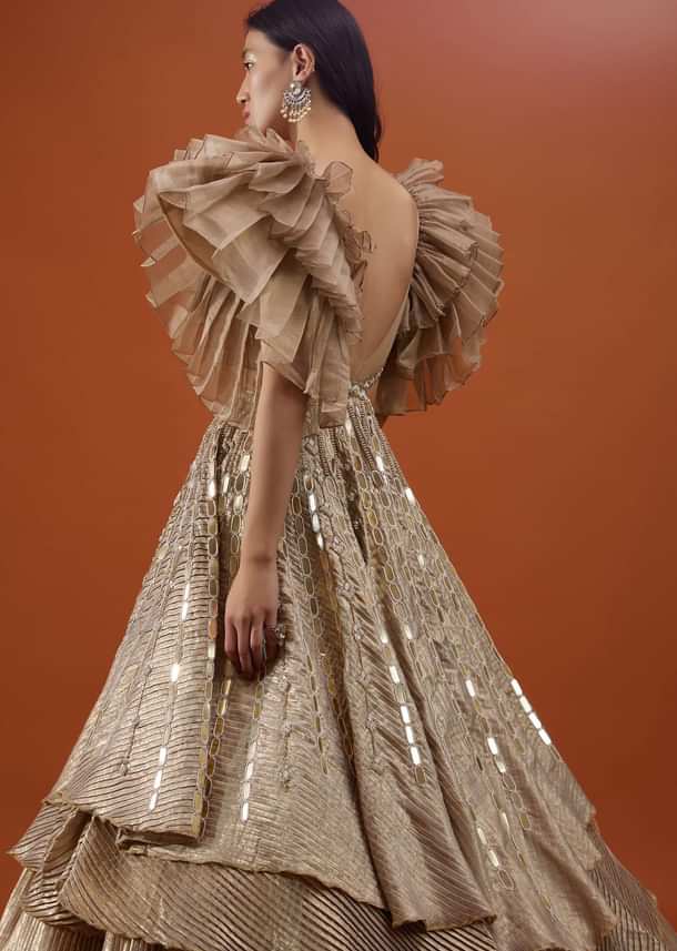 Gold Toned Kalki Gown With Ruffle Sleeves And Embroidery - NOOR 2022