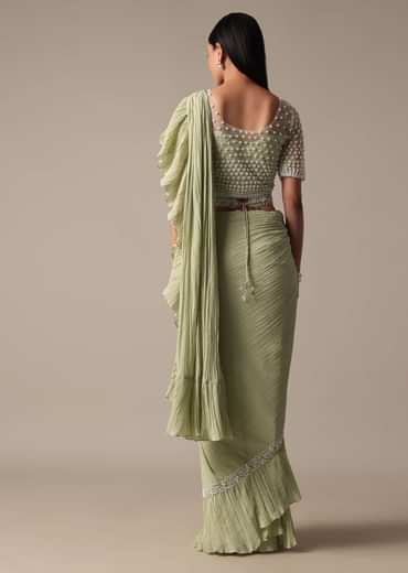 Graceful Green Pleated Saree With Ready Made Blouse