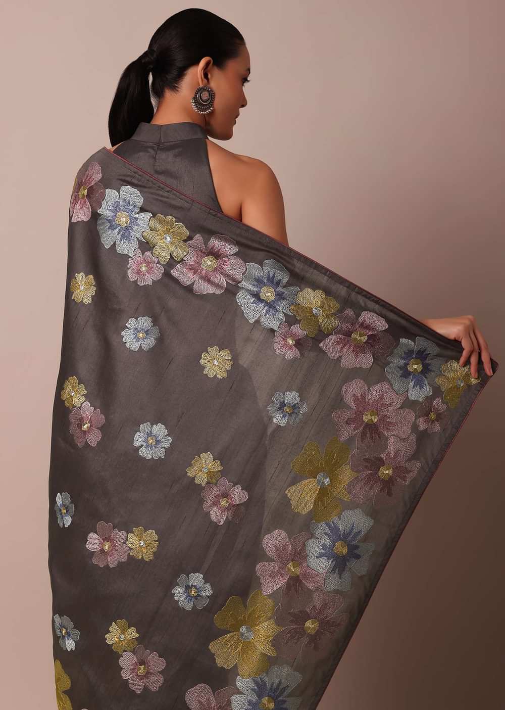 Graceful Grey Saree With Exquisite Thread Resham Work