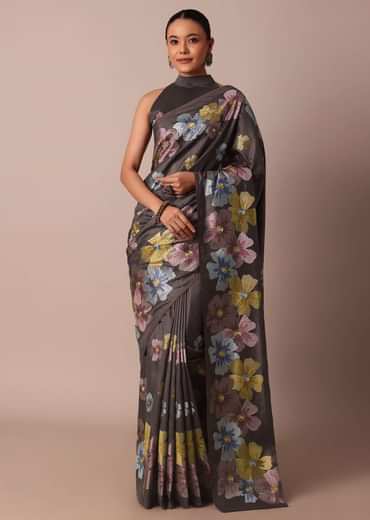 Graceful Grey Saree With Exquisite Thread Resham Work
