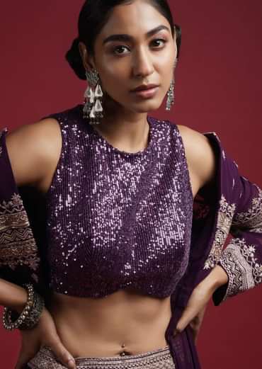 Grape Purple Sleeveless Blouse Embellished In Sequins With Curved Hemline And Back Zip Closure Online - Kalki Fashion