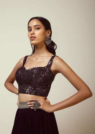 Grape Purple Sleeveless Blouse With Sweetheart Neckline And Heavily Embellished In Shimmering Sequins