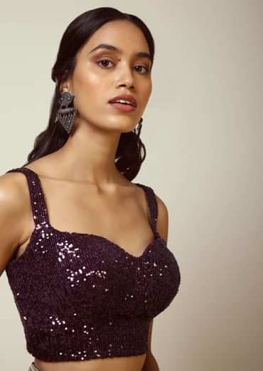 Grape Purple Sleeveless Blouse With Sweetheart Neckline And Heavily Embellished In Shimmering Sequins