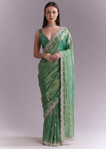 Grass Green Silk Saree With Heavy Hand Embroidery