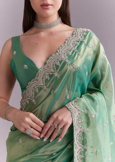Grass Green Silk Saree With Heavy Hand Embroidery