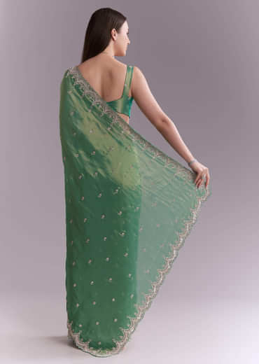 Grass Green Silk Saree With Heavy Hand Embroidery