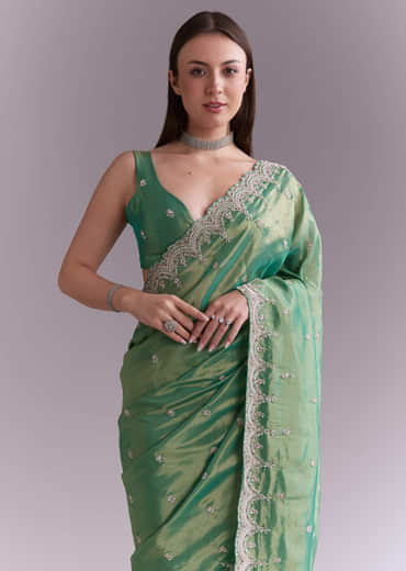Grass Green Silk Saree With Heavy Hand Embroidery