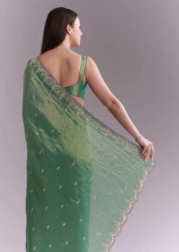 Grass Green Silk Saree With Heavy Hand Embroidery
