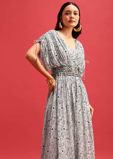 Gray Abstract Printed Jumpsuit With Resham Work