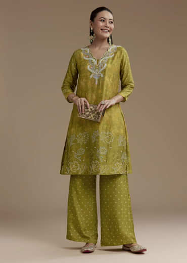 Green Abstract Print Silk Kurta and Palazzo Set