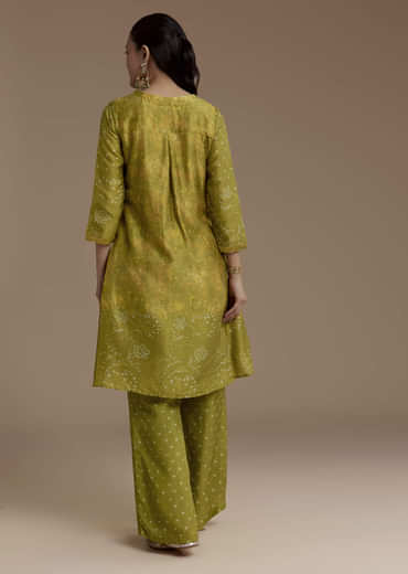 Green Abstract Print Silk Kurta and Palazzo Set