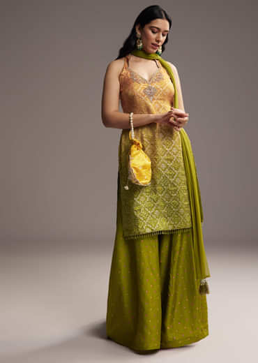 Green And Yellow Ombre Silk Palazzo Suit With Bandhani Print