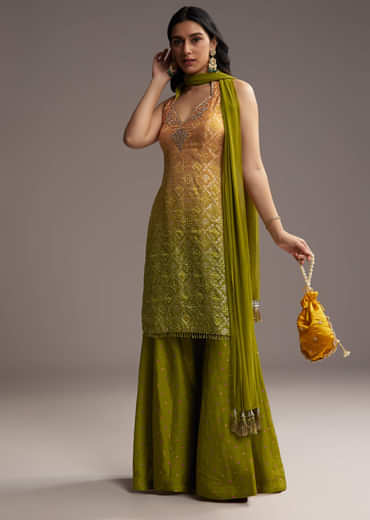 Green And Yellow Ombre Silk Palazzo Suit With Bandhani Print