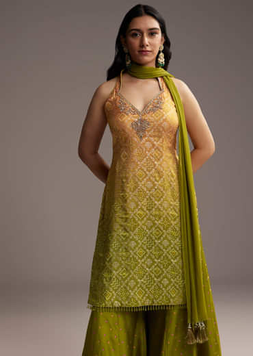 Green And Yellow Ombre Silk Palazzo Suit With Bandhani Print
