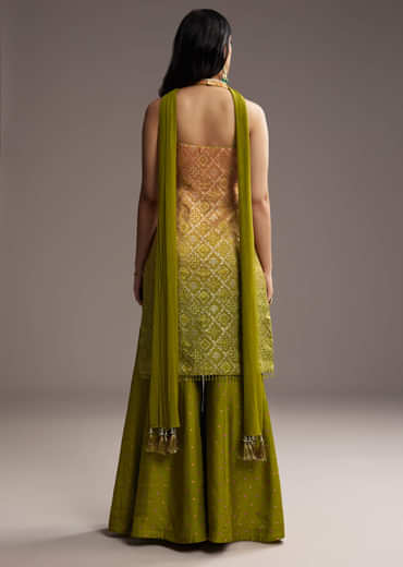Green And Yellow Ombre Silk Palazzo Suit With Bandhani Print
