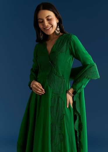 Green Angrakha Style Anarkali Suit With Resham Work