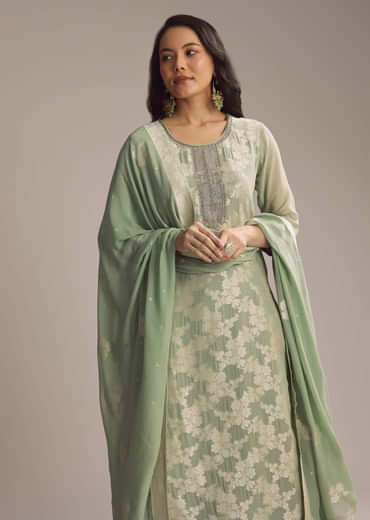 Green Banarasi Georgette Palazzo Suit