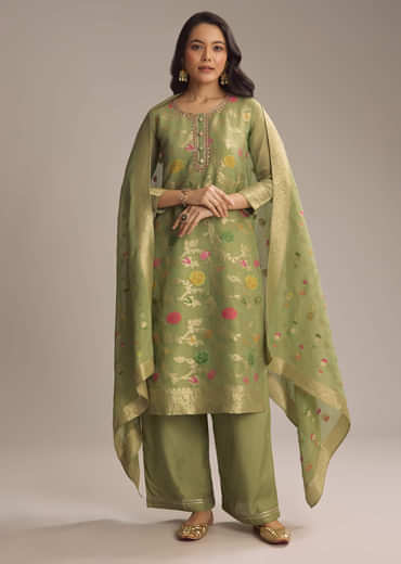 Green Banarasi Tissue Palazzo Suit