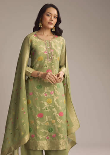 Green Banarasi Tissue Palazzo Suit